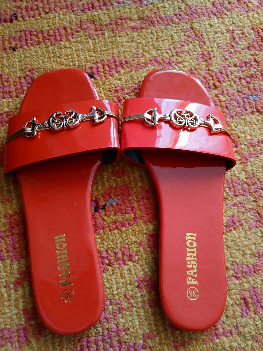 & Other Stories Red Patent Slide Sandals with Gold Chain